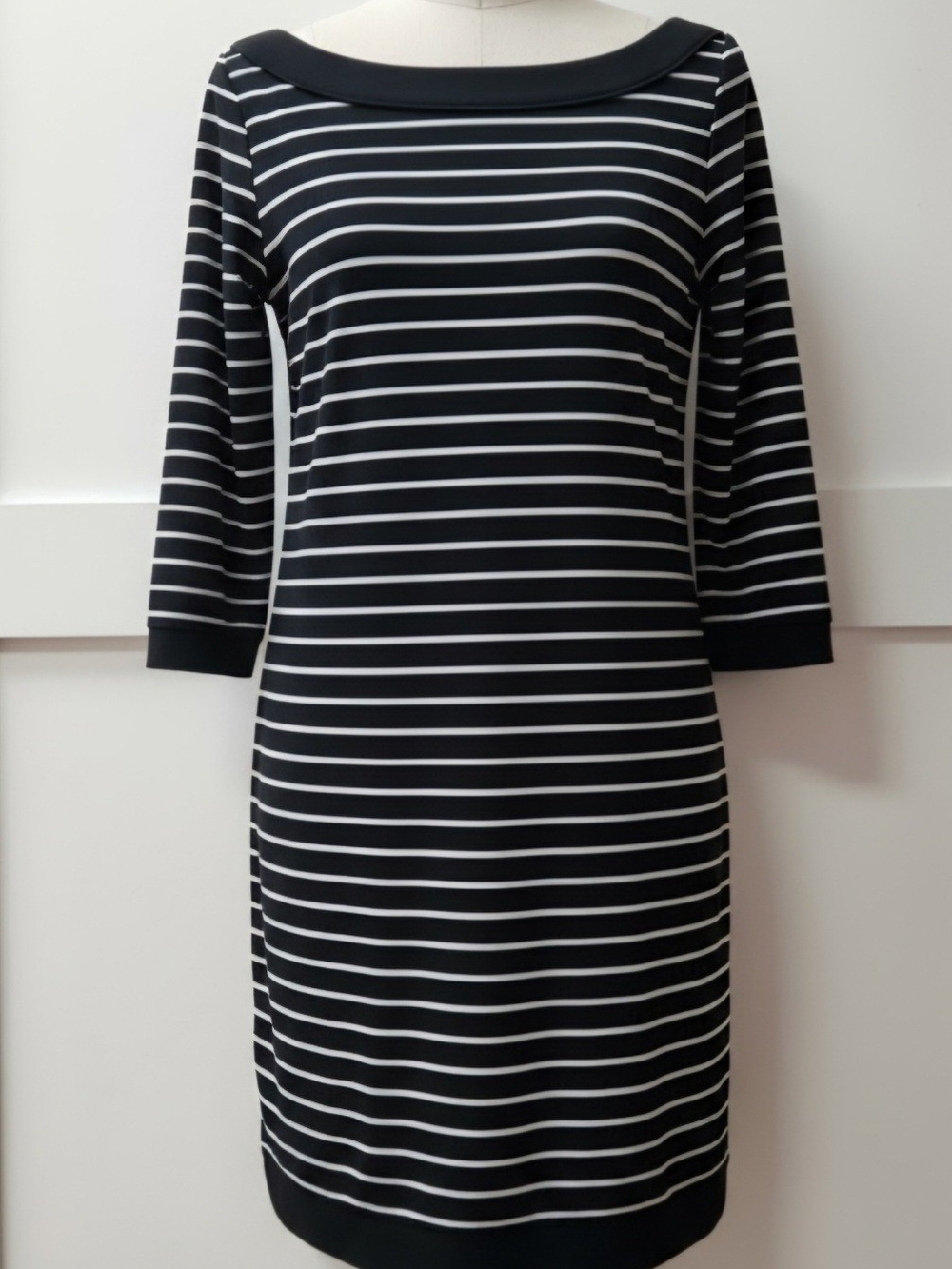 White House Black Market Black and White Striped Boatneck Sheath Dress